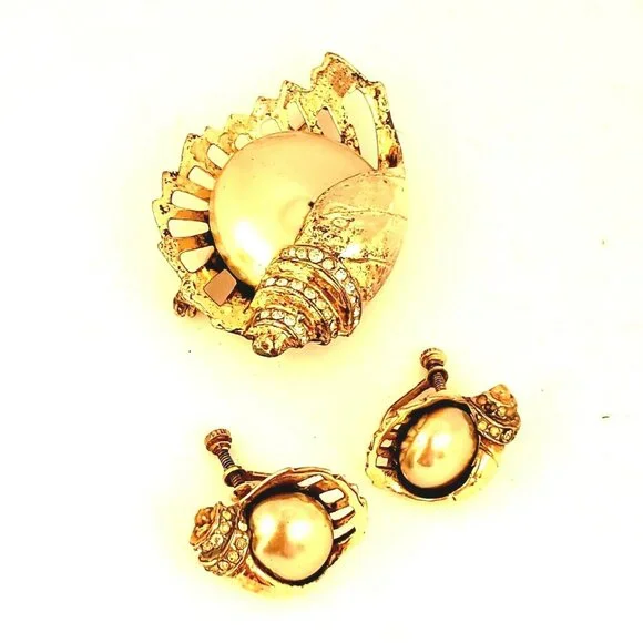 Marslieu Sterling Silver Gold Nautilus Shell Pearl Brooch Earring Set Signed VTG